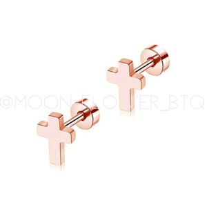 Tiny Rose Gold Cross Flat Back Earrings Stainless Steel Mini Studs 20G